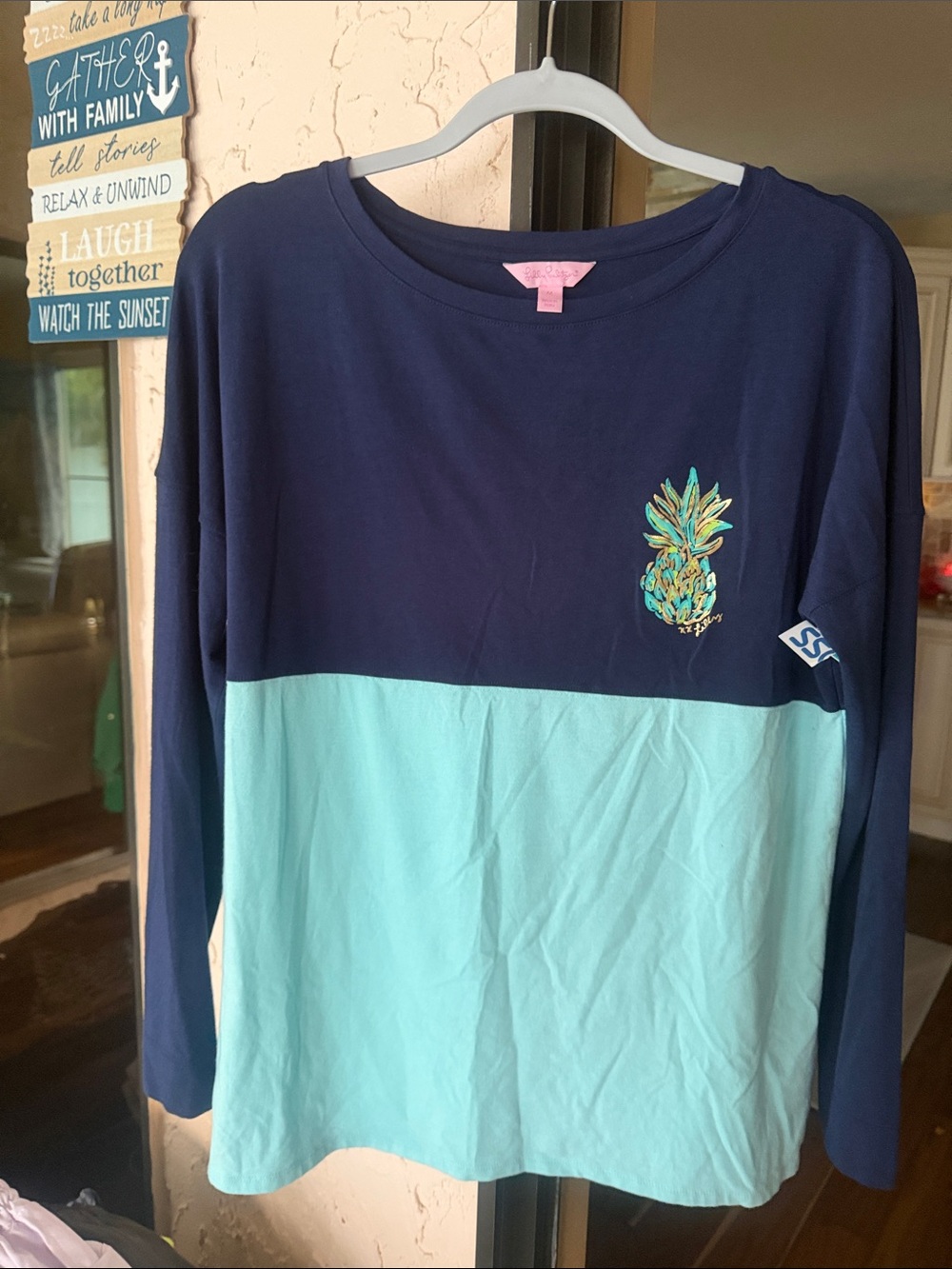 Lilly Pulitzer Navy & Aqua Colorblock Long-Sleeve Tee with Pineapple